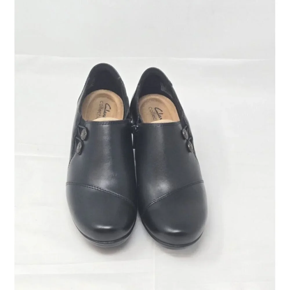 CLARKS Women's Emslie Warren black Leather Shoe Block Heel Side Zip size 8M